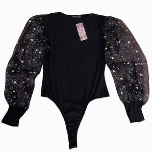 Brand New BooHoo Women’s Black Puff Sleeve Bodysuit Size 12